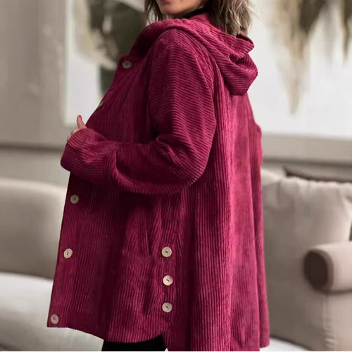 Damen Wohlfühljacke aus Cord mit Kapuze und großen Knöpfen Heidi-Mode