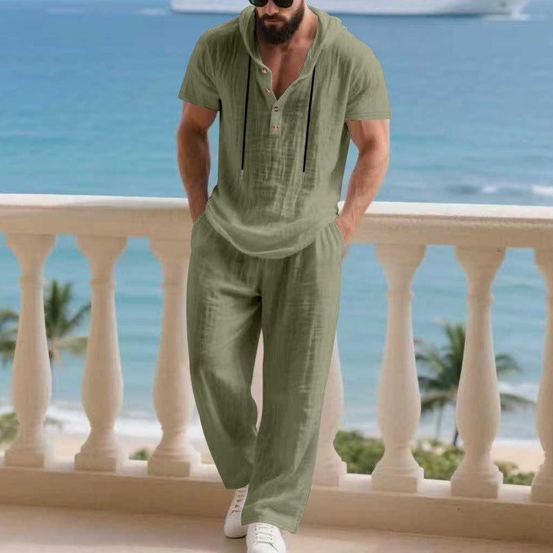 Herren komfortables Freizeit-Set mit modischem Henley-Oberteil und lockeren Hosen Heidi-Mode