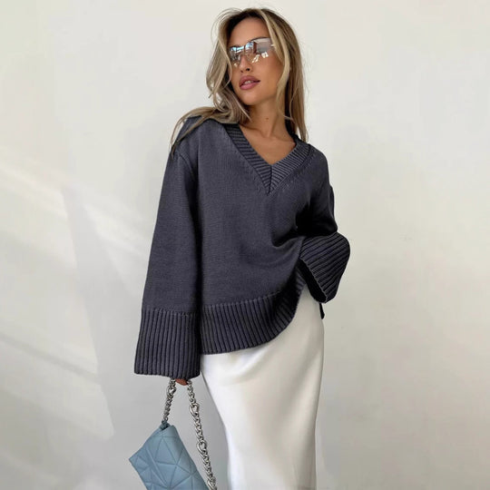 Damen lässiger V-Ausschnitt Pullover mit strukturierter Textur Heidi-Mode