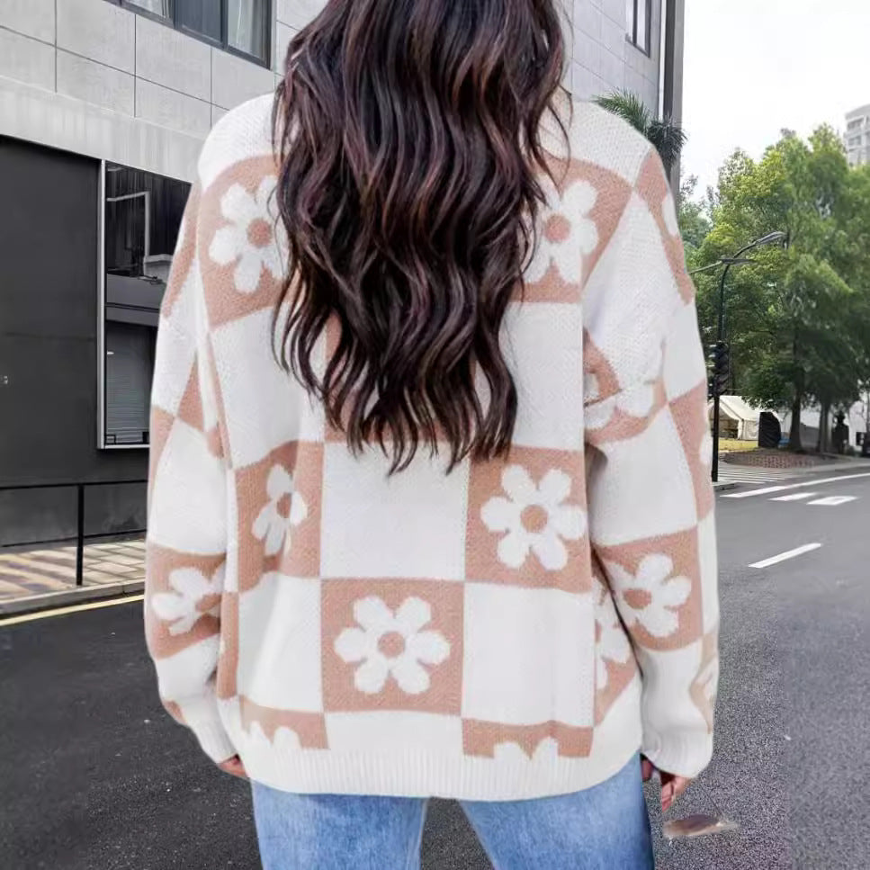 Damen Oversized Strickpullover mit floralem Muster und lässigem Schnitt Heidi-Mode