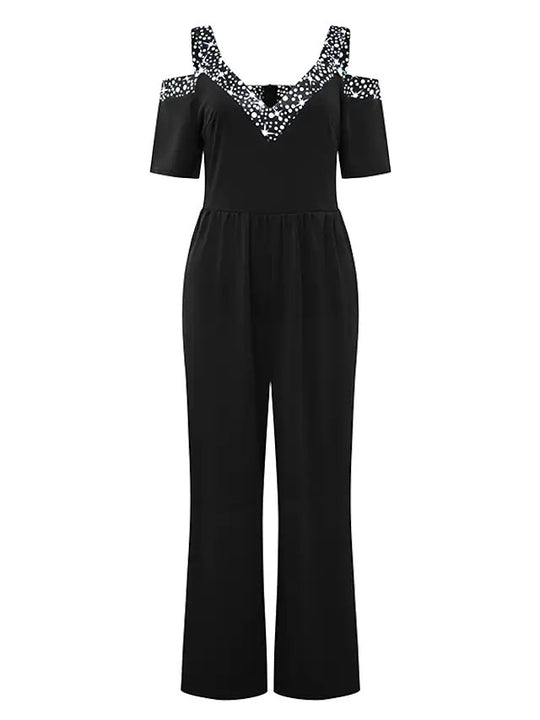 Damen eleganter Jumpsuit mit schulterfreier Gestaltung und glitzerndem Dekolleté Heidi-Mode