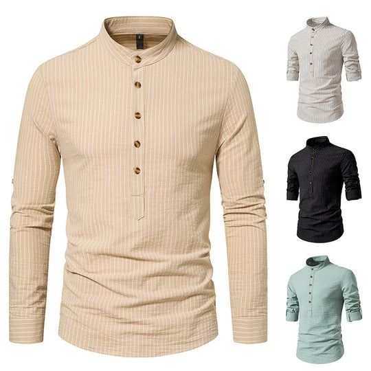 Herren Langarmhemd mit innovativem Stehkragen und geschmackvollem Streifenmuster Heidi-Mode