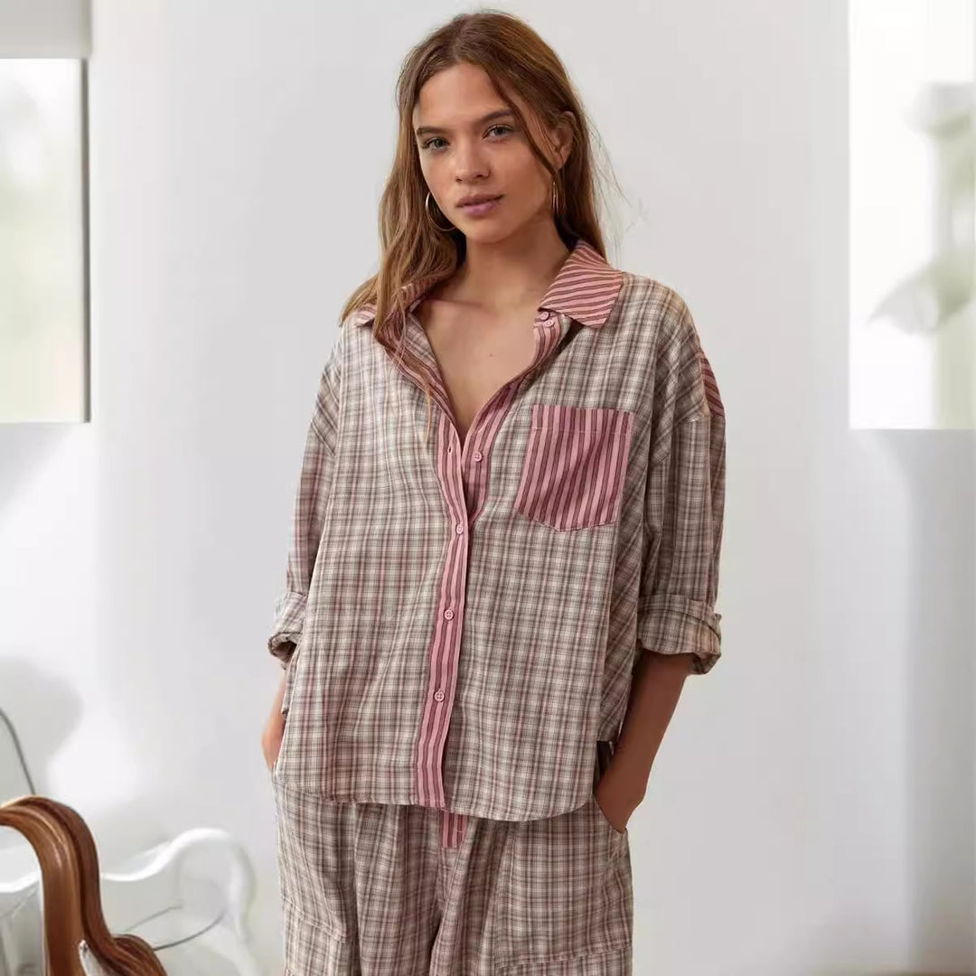 Damen lässiges Komplettset mit Karomuster aus weichem Material Heidi-Mode