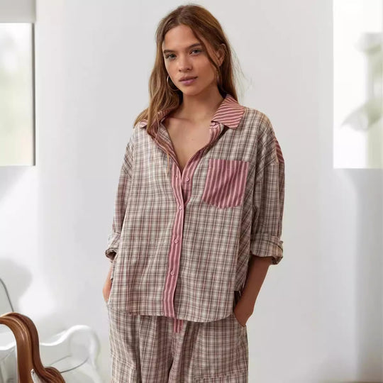 Damen lässiges Komplettset mit Karomuster aus weichem Material Heidi-Mode