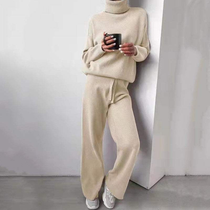 Damen elegantes Strick-Loungewear-Set mit hohem Kragen und weitem Bein Heidi-Mode