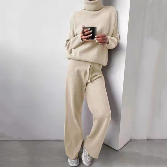 Damen elegantes Strick-Loungewear-Set mit hohem Kragen und weitem Bein Heidi-Mode