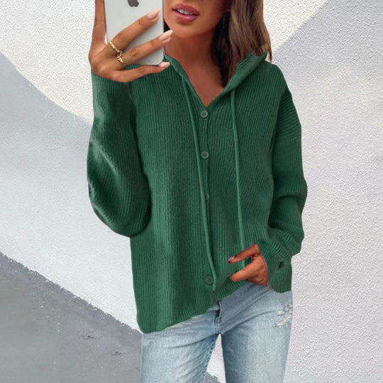 Damen Strickjacke mit Kapuze und Knopfleiste Heidi-Mode