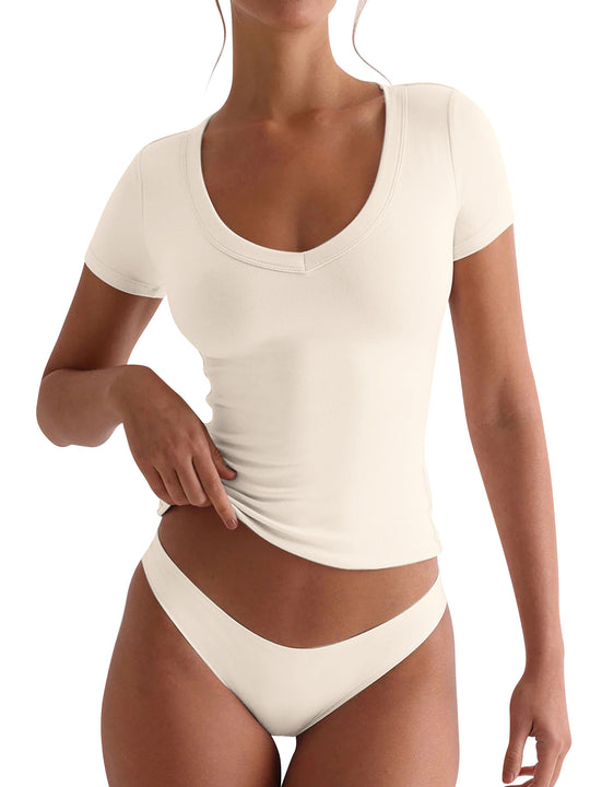 Damen figurbetontes V-Neck T-Shirt mit kurzen Ärmeln Heidi-Mode