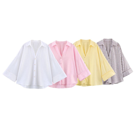 Damen lässige Bluse mit voluminösen Ärmeln und durchgehender Knopfleiste Heidi-Mode
