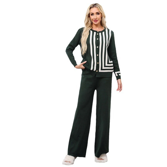 Damen elegantes Strick-Loungewear-Set mit grafischem Muster und Knopfdetaillierung Heidi-Mode