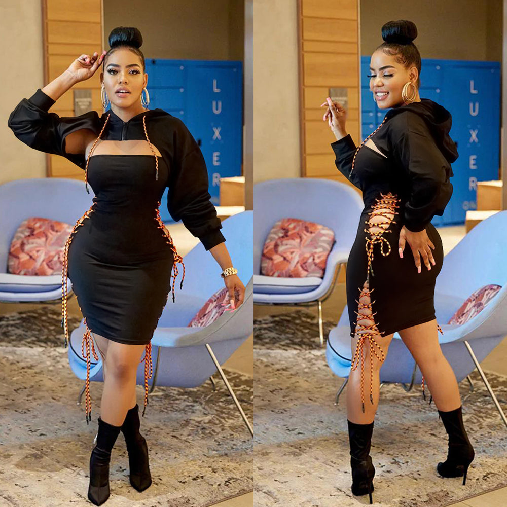 Damen Hoodie Kleid mit sexy Cut-Outs und Schnür-Details Heidi-Mode