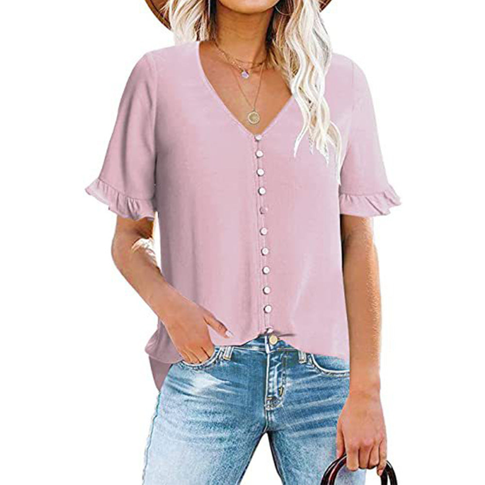 Damen Leichtes V-Ausschnitt Blusentop mit Rüschendetails Heidi-Mode