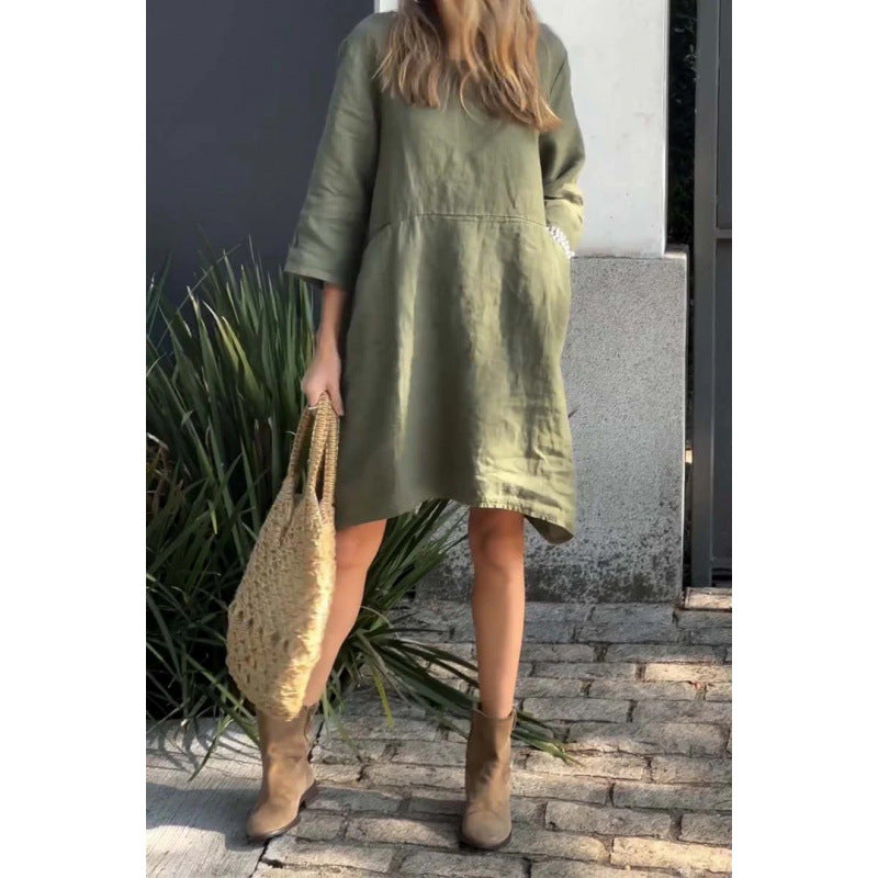 Heidi-Mode | Lässig Einfarbig Lose Taschen Baumwoll-Leinen Kleid