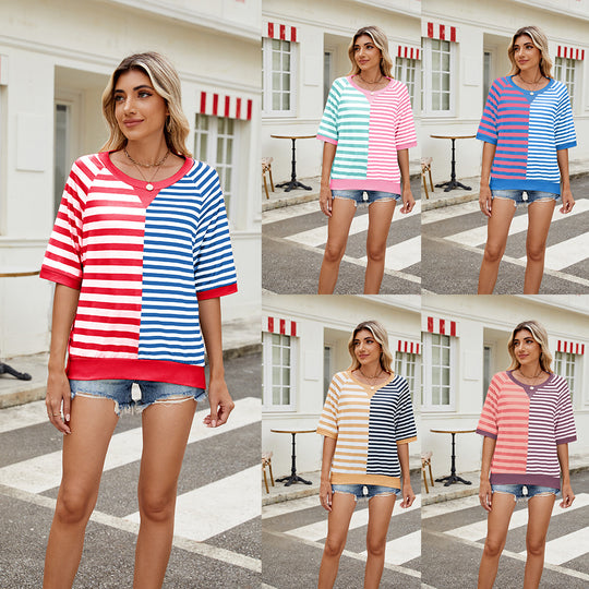 Heidi Mode | Gestreifte farblich passende Rundhalsausschnitt lose kurze Ärmel