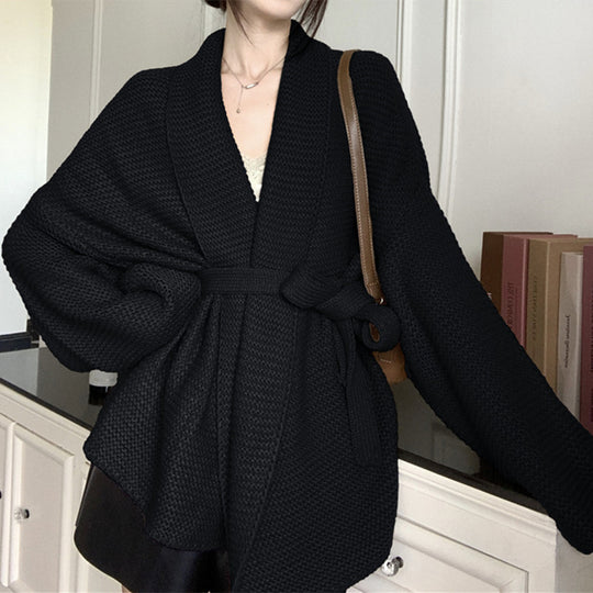 Damen lässiger Strick-Sakko mit Gürtel und Volumenärmeln Heidi-Mode