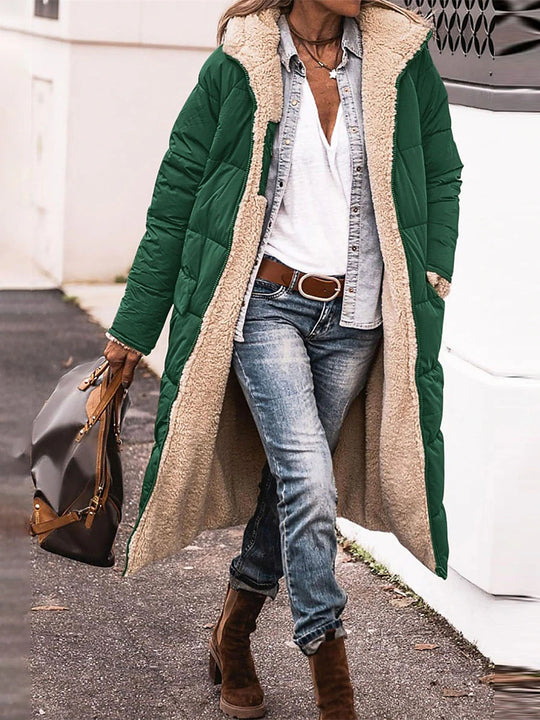 Damen Lange Steppjacke mit kuscheligem Innenfutter und Kapuze Heidi-Mode