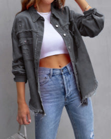 Damen Stylische Overshirt-Jacke mit fransigem Saum Heidi-Mode