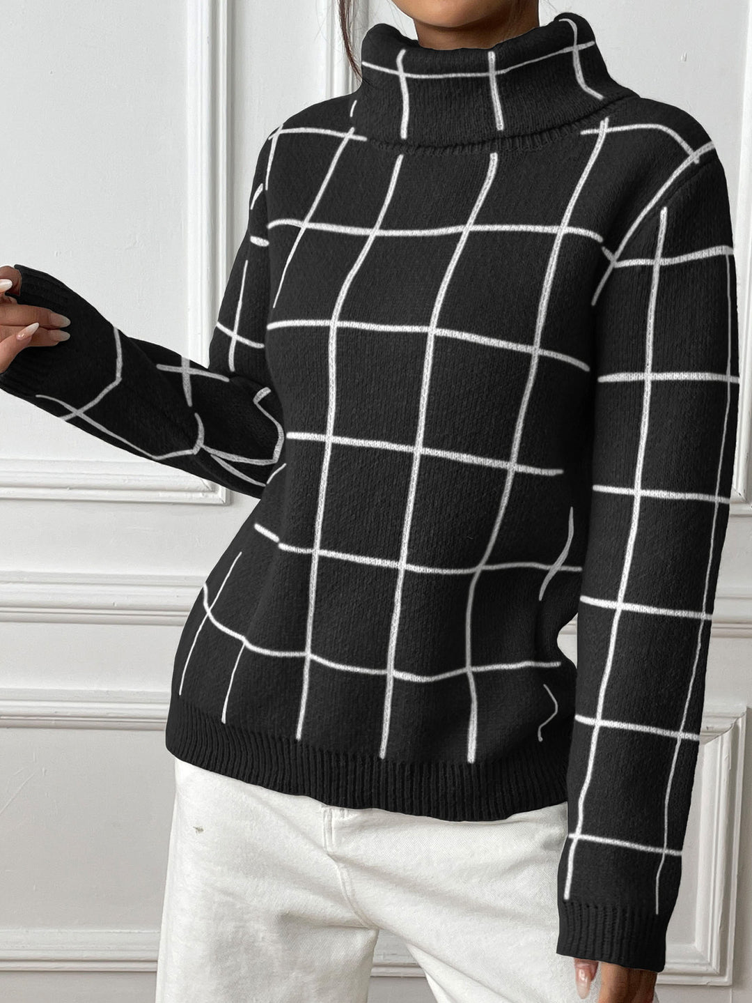 Damen Pullover mit hohem Kragen und kariertem Muster Heidi-Mode