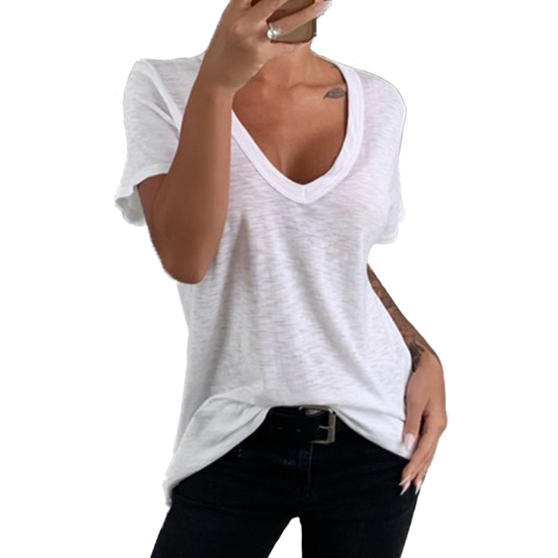 Damen lässiges V-Ausschnitt T-Shirt mit lockerer Passform Heidi-Mode