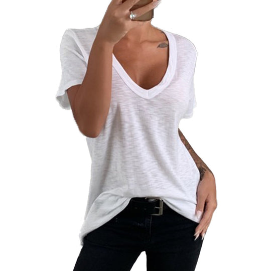 Damen lässiges V-Ausschnitt T-Shirt mit lockerer Passform Heidi-Mode
