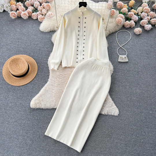 Damen eleganter Strickanzug mit Reißverschluss Heidi-Mode