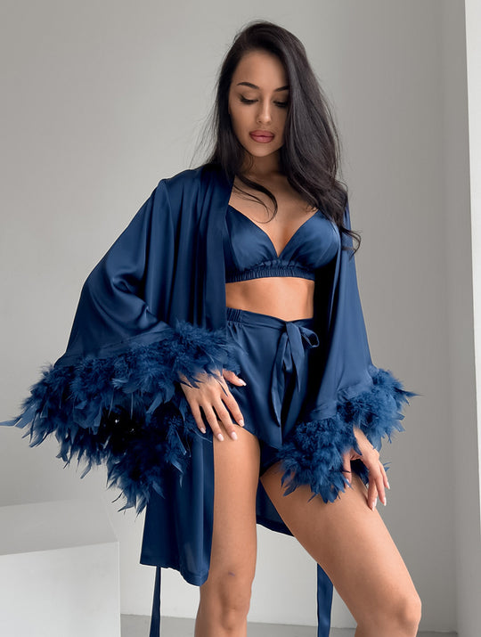 Damen Satin Kimono mit Federn Heidi-Mode