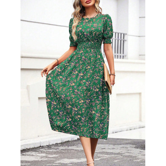 Damen Leichtes Blumendruck Maxi Kleid mit Smock-Taille Heidi-Mode
