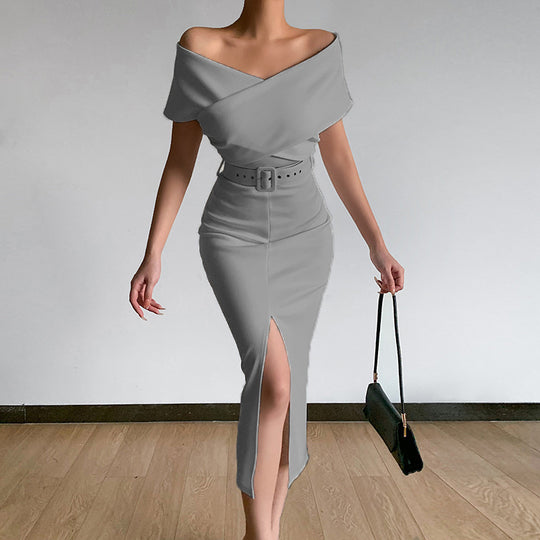 Damen Etuikleid mit schulterfreiem Design und hohem Schlitz Heidi-Mode