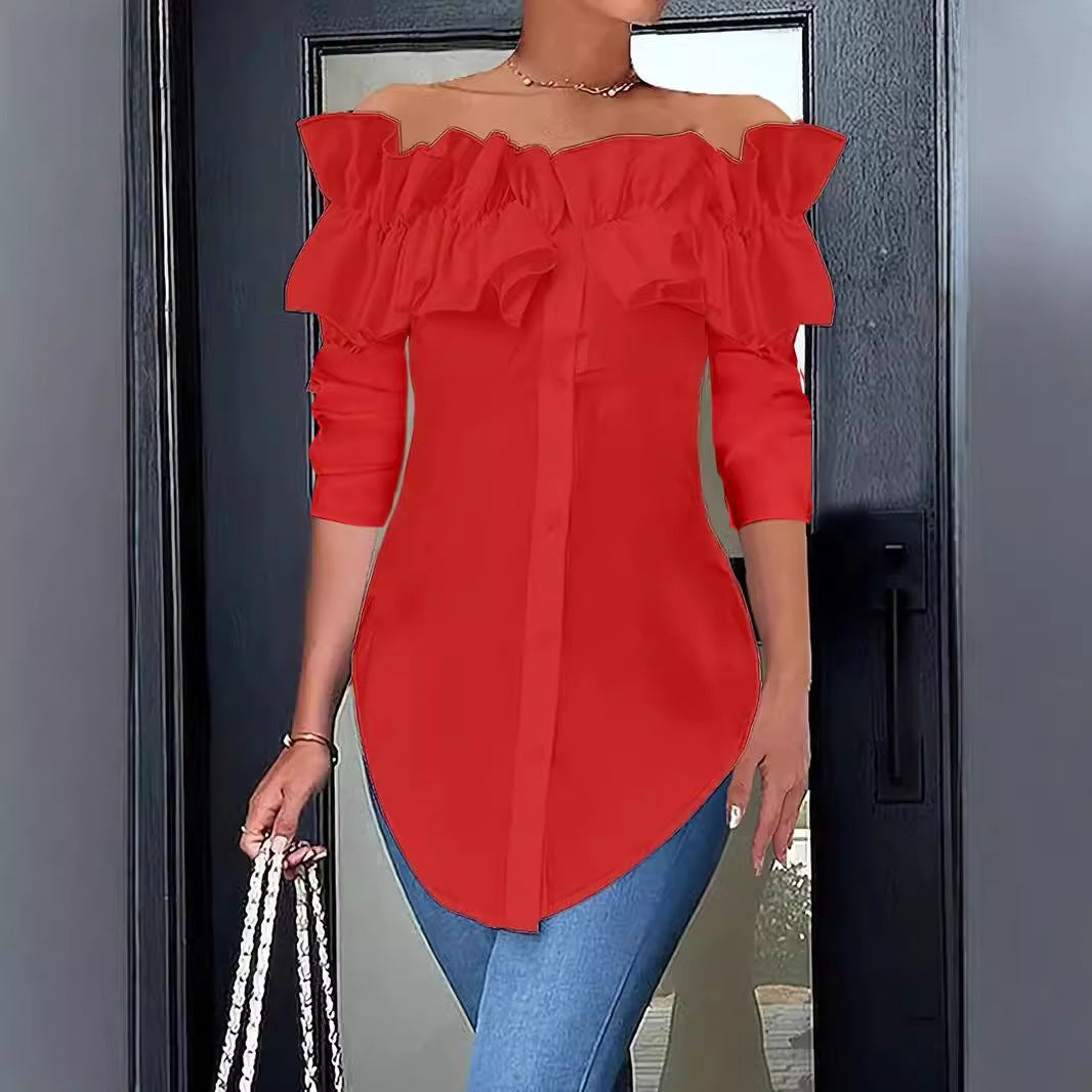 Damen Off-Shoulder Bluse mit Rüschen und Knopfleiste Heidi-Mode