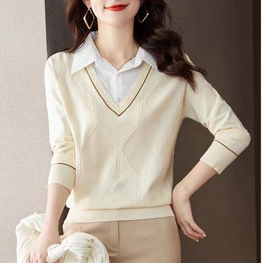 Damen gestrickter Pullover mit v-ausschnitt und strukturiertem Diamantmuster Heidi-Mode