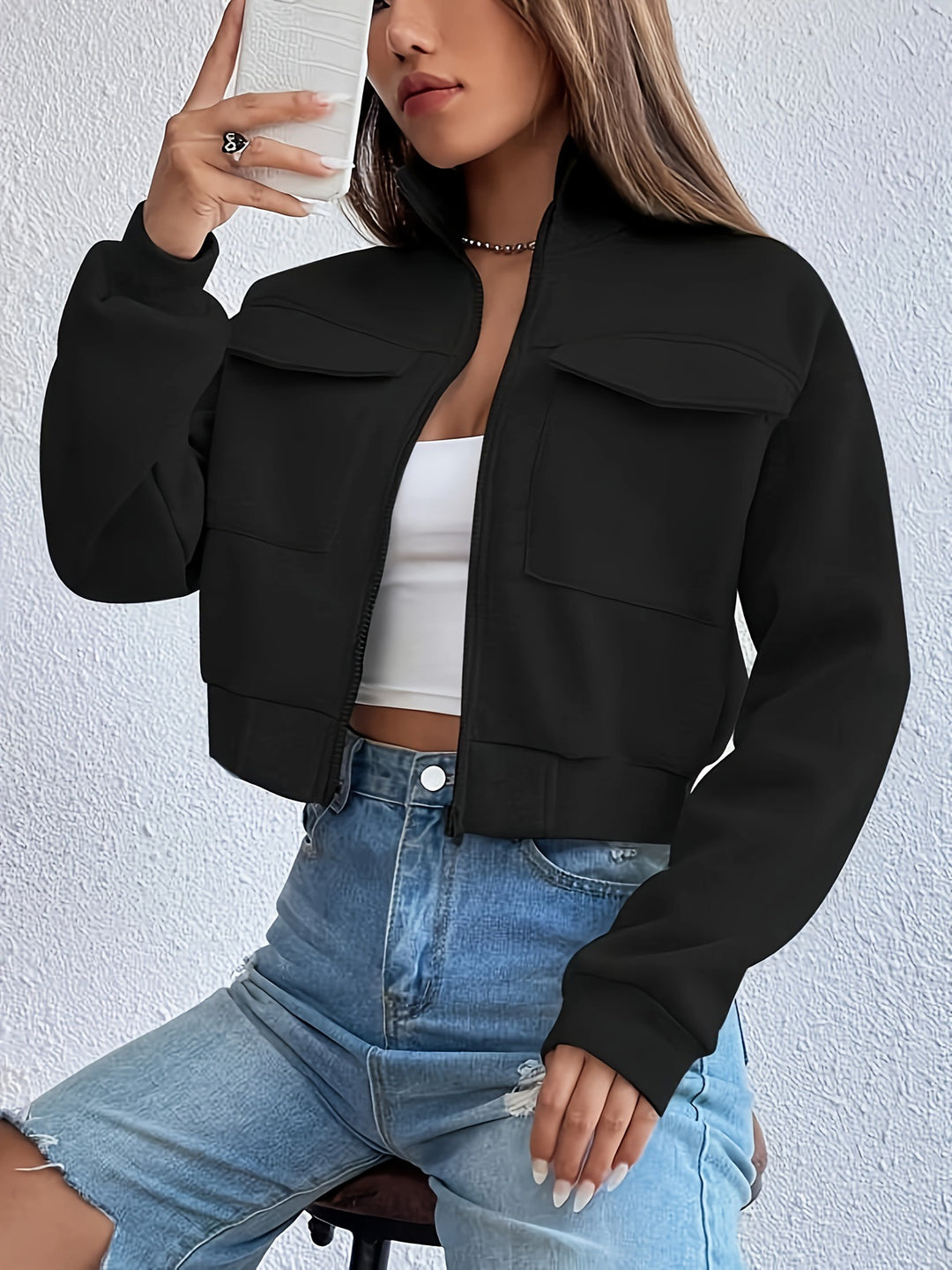 Damen modische Kurzjacke mit praktischen Aufsatztaschen und sportlichem Schnitt Heidi-Mode