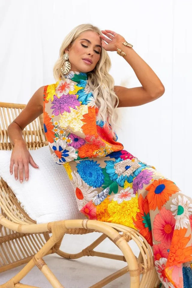Heidi-Mode | Europäisch Populär Urlaub Druck Ohne Ärmel Halterneck Taille Eng Maxi Kleid