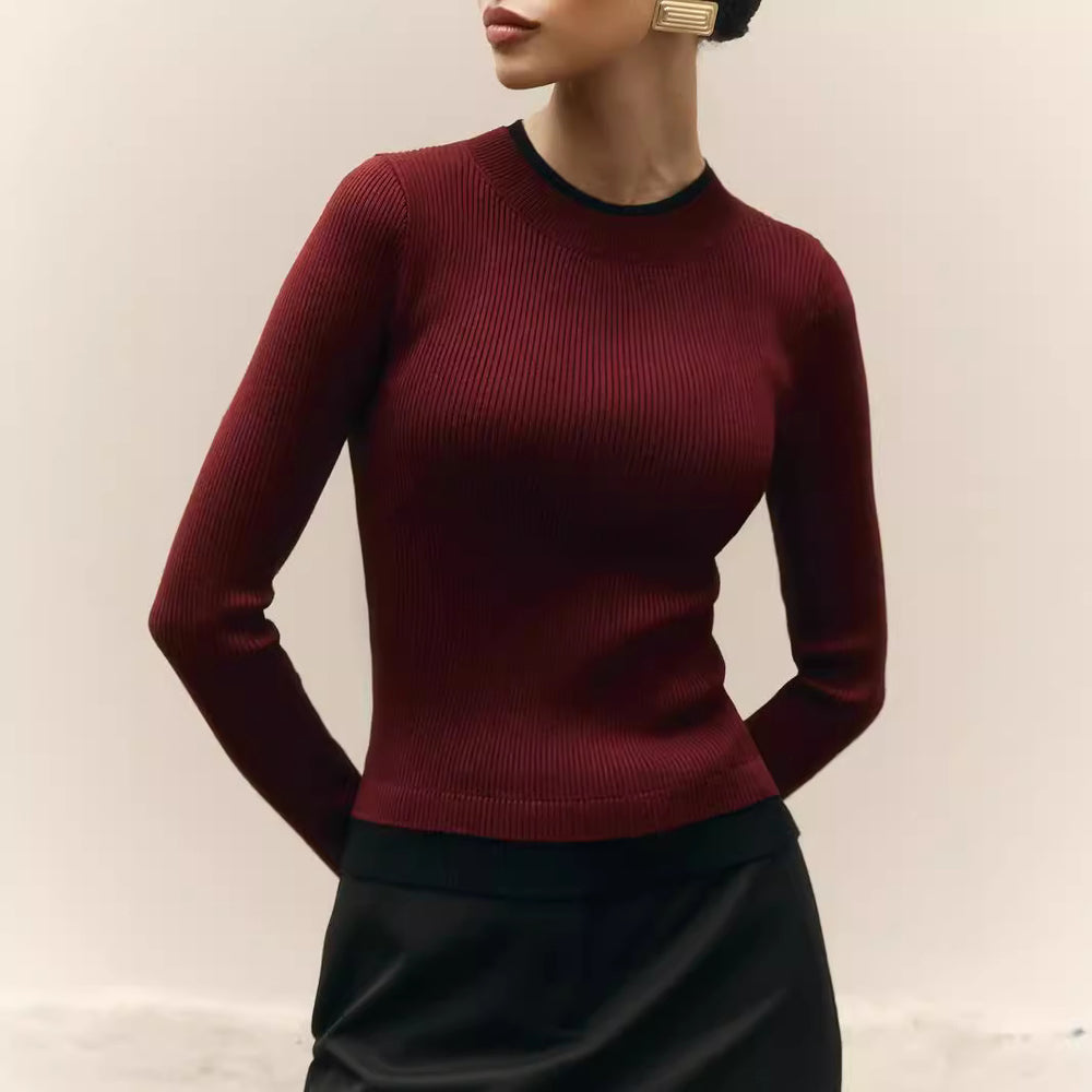 Damen figurbetontes Strickoberteil mit kontrastierenden Bündchen Heidi-Mode
