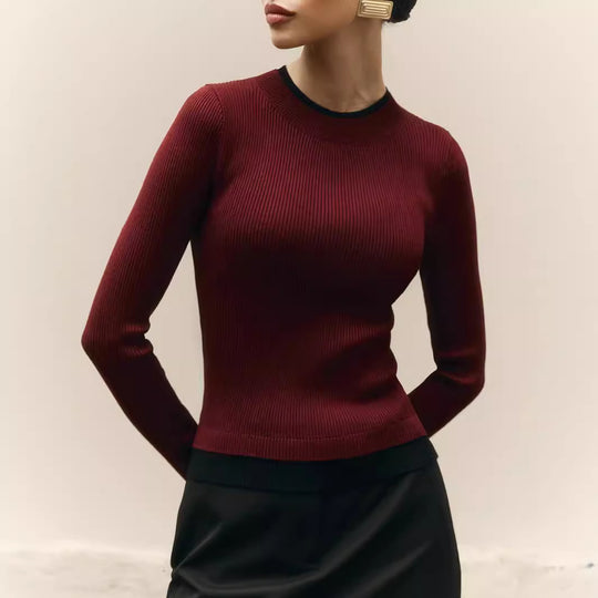 Damen figurbetontes Strickoberteil mit kontrastierenden Bündchen Heidi-Mode