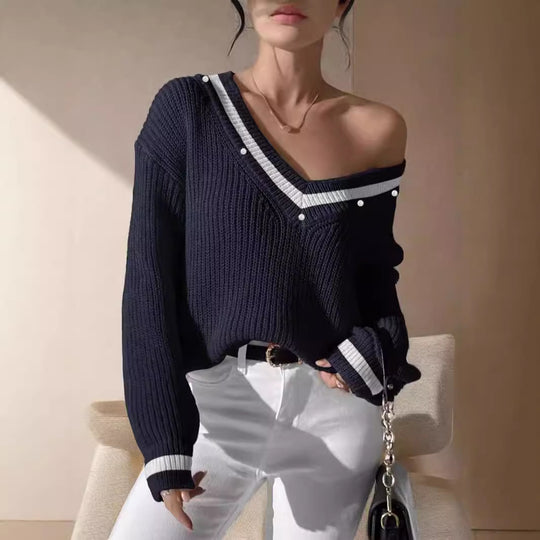 Damen lässiger Pullover mit V-Ausschnitt und dekorativer Knopfleiste Heidi-Mode