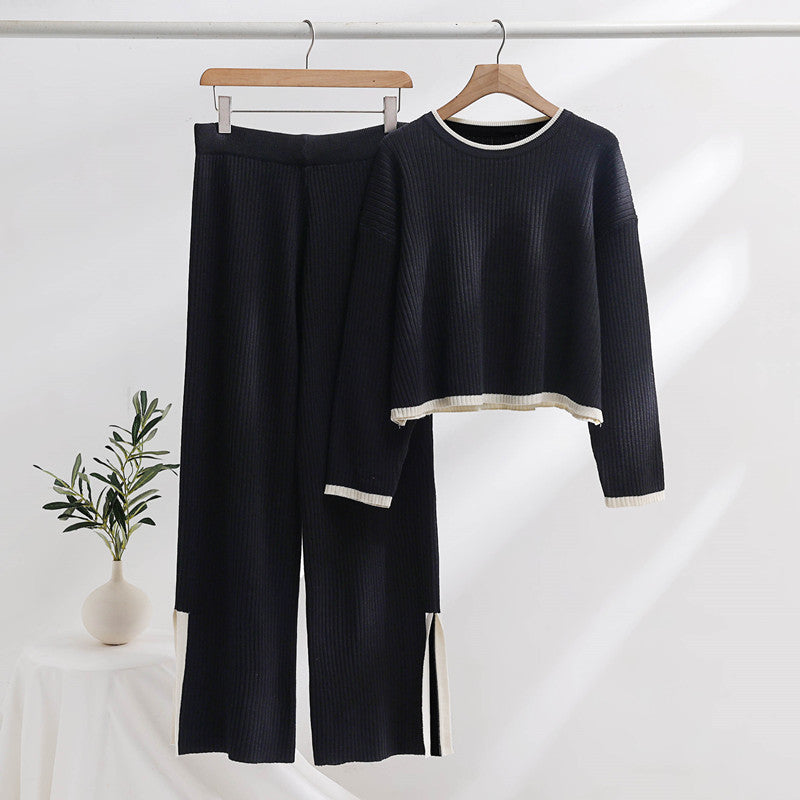 Damen lässiges Strickensemble mit hohem Bund und kontrastierenden Bündchen Heidi-Mode