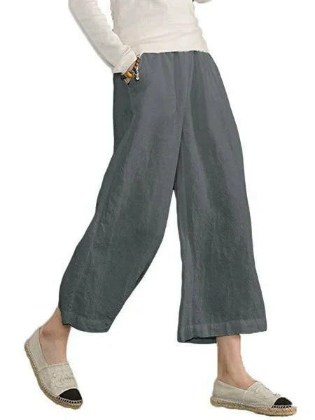 Damen weite Leinenhose mit seitlichen Taschen und elastischem Bund Heidi-Mode