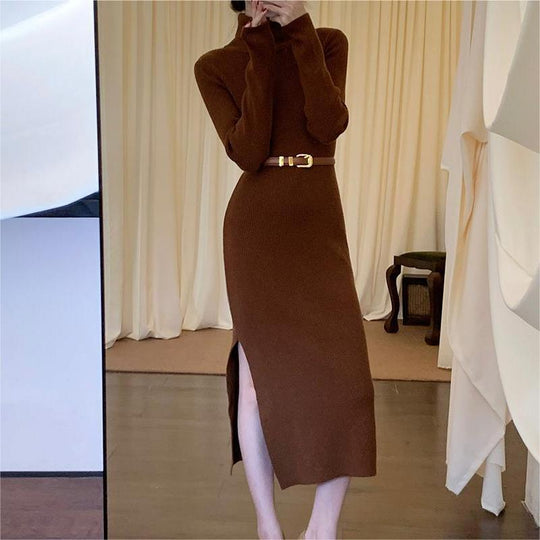 Femme Rippstrick Rollkragen Maxikleid mit elegantem Gürtel Heidi-Mode