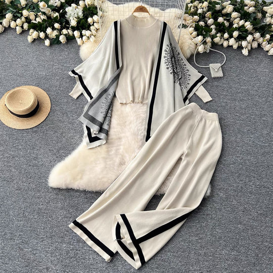Damen lässiges Strickensemble mit langen Ärmeln und weitem Bein Heidi-Mode