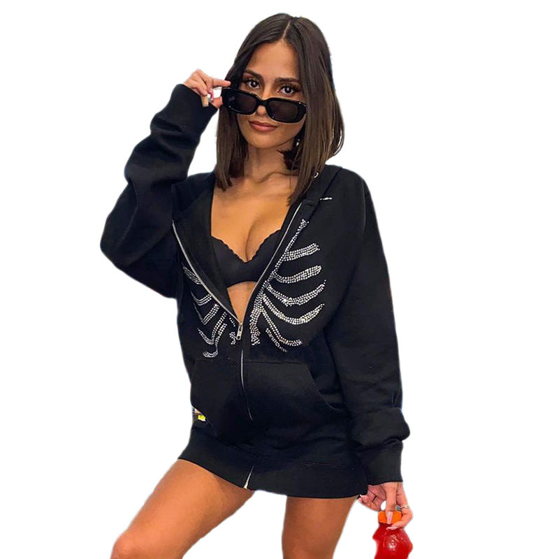 Damen Kapuzenjacke mit einzigartigem Skelett-Design und funkelnden Strasssteinen Heidi-Mode