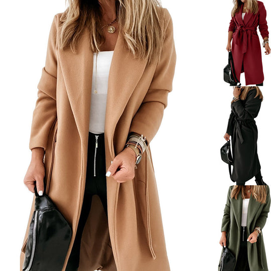 Damen Eleganter und gemütlicher Mantel mit Gürtel und Taschen Heidi-Mode