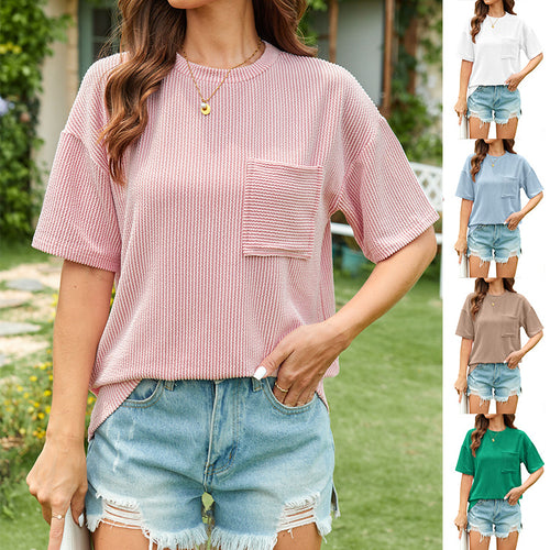 Damen lässiges T-Shirt mit strukturierter Textur und praktischer Brusttasche Heidi-Mode