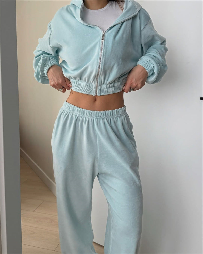 Damen lässiges Crop-Hoodie-Set mit weiten Hosen Heidi-Mode