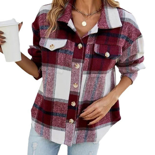 Damen Karierte Flanelljacke mit Knopfleiste und Taschen Heidi-Mode