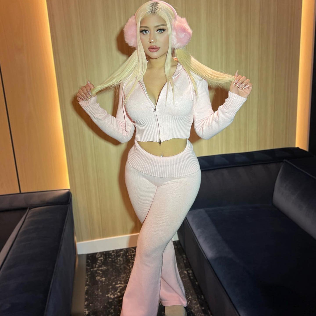 Damen Cropped Strick-Set mit hoher Taille und weitem Bein Heidi-Mode