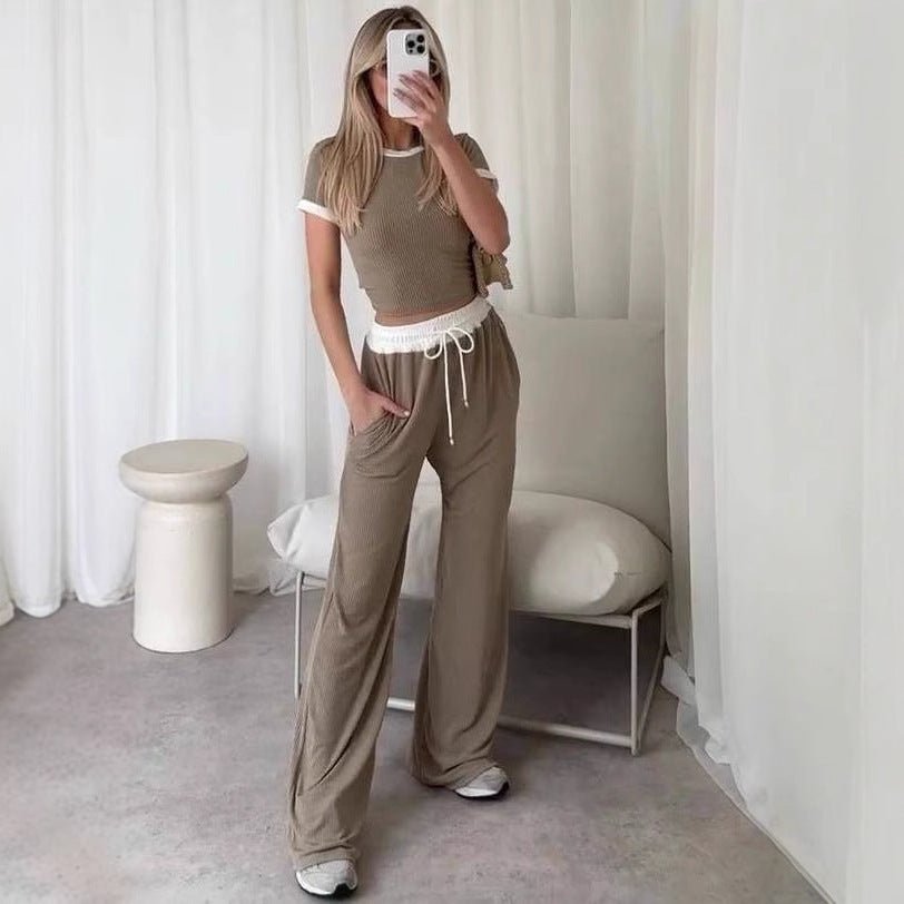 Damen lässiges Cropped Lounge-Set mit weicher Rippstruktur und bequemen Hosen Heidi-Mode