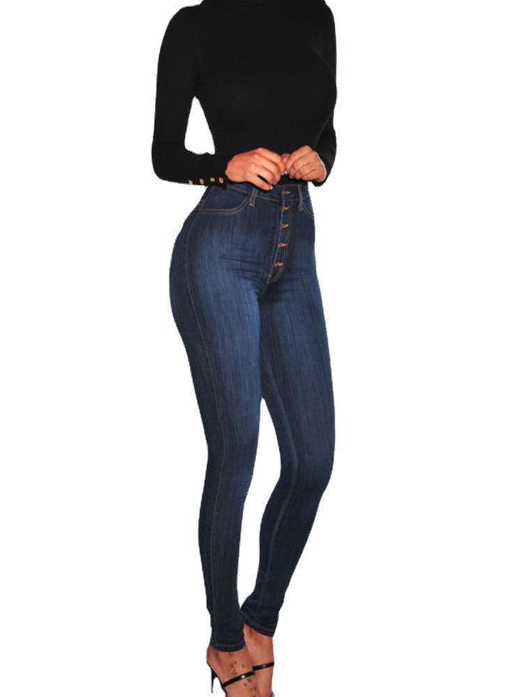 Damen High-Waist Skinny-Jeans mit Knopfdesign und figurbetontem Schnitt Heidi-Mode