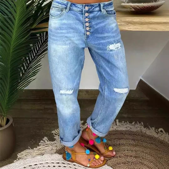 Damen Boyfriend Jeans mit Knopfverschluss und Distressed-Details Heidi-Mode
