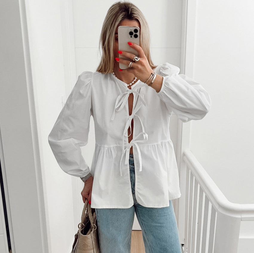 Damen Bluse mit Raffungen und dekorativen Schleifen Heidi-Mode
