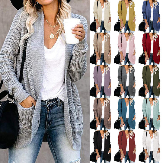 Damen lässige Strickjacke mit offenen Ärmeln und praktischen Taschen Heidi-Mode
